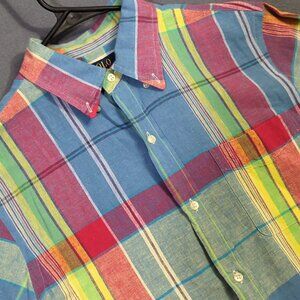 Polo Ralph Lauren Shirt Men's M Multi Plaid Linen Cotton Short Sleeve Button Up